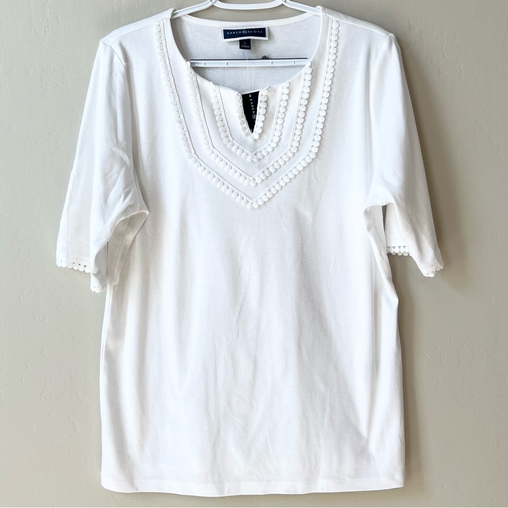 Karen Scott Women’s White Top, White half-sleeve Shirt, Large, NWT